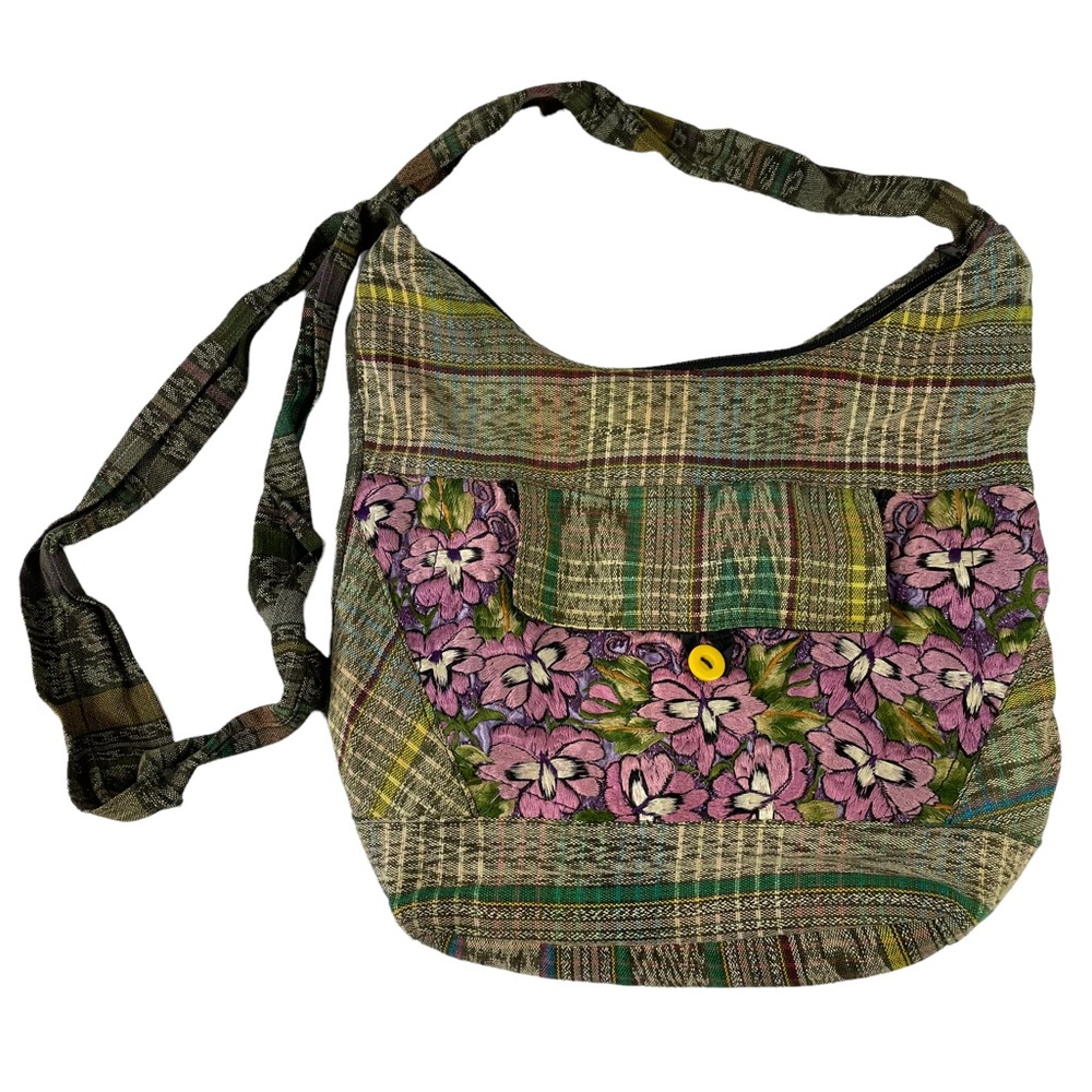 Handmade Metallic Floral Flowers Button Pocket Purse Crossbody Bag 100% Cotton
